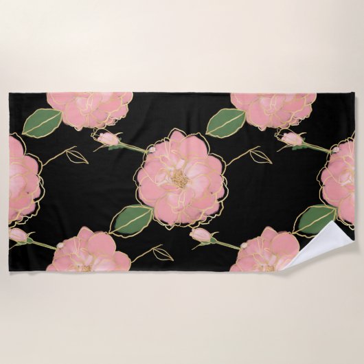 Elegant roze en gouden Waterverf Rozen - Zwart ont Strandlaken (Voorkant)