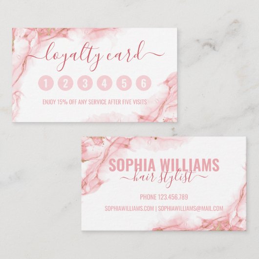 Elegant roze en goudvloeistof Waterverf Inkt Klantenkaartje (Voorkant / Achterkant)