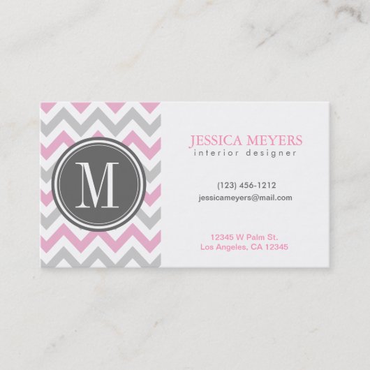 Elegant Roze en Gray Chevron met Monogram Visitekaartje (Voorkant)