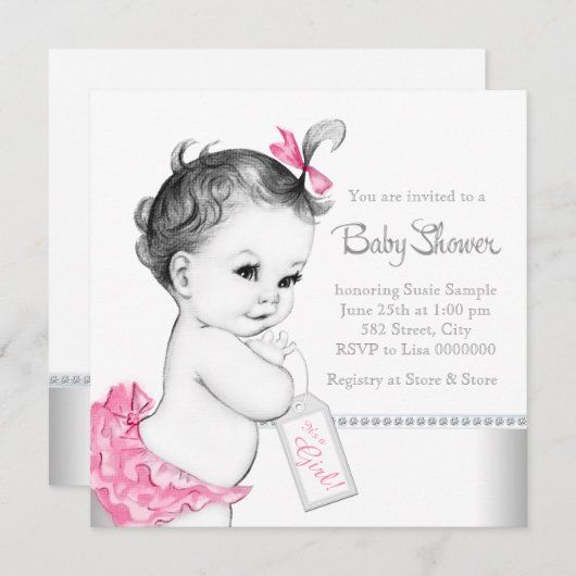 Elegant roze en grijs Baby shower Kaart (Voorkant / Achterkant)