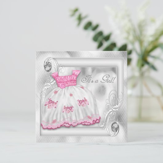 Elegant roze en grijs Baby shower Kaart (Staand voorkant)