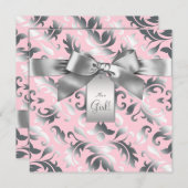 Elegant roze en grijs Damask Baby shower Kaart (Voorkant / Achterkant)