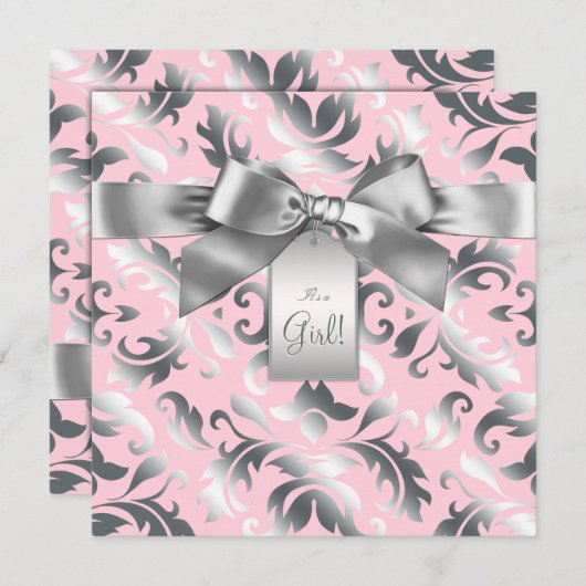 Elegant roze en grijs Damask Baby shower Kaart (Voorkant / Achterkant)
