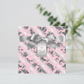Elegant roze en grijs Damask Baby shower Kaart (Staand voorkant)