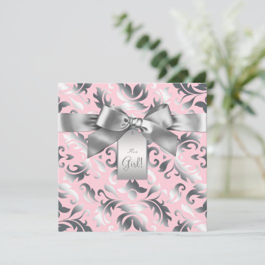 Elegant roze en grijs Damask Baby shower Kaart (Staand voorkant)