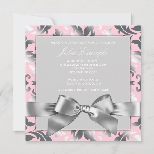 Elegant roze en grijs Damask Baby shower Kaart (Achterkant)