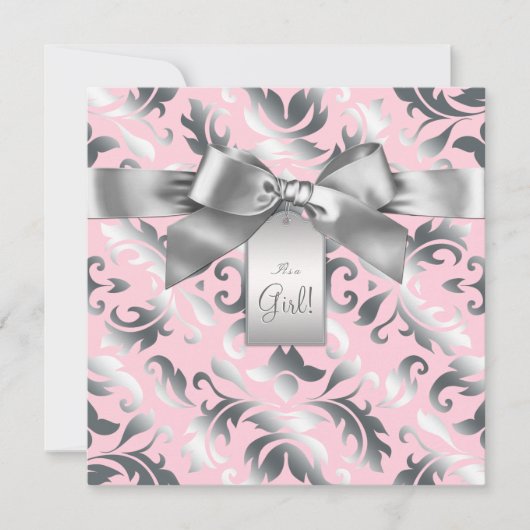 Elegant roze en grijs Damask Baby shower Kaart (Voorkant)