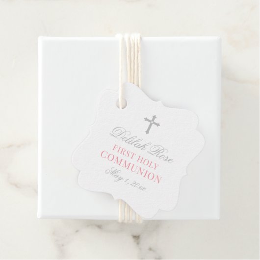 Elegant Roze en Grijs Eerste Communie voor Meisje Bedankjes Labels (In situ)