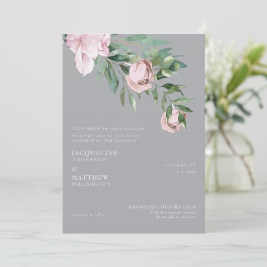 Elegant roze en grijs samen met bruiloft kaart (Staand voorkant)