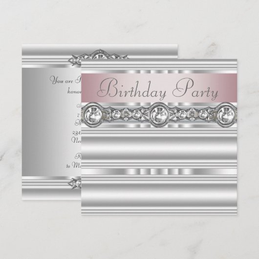 Elegant roze en grijs verjaardagsfeestje kaart (Voorkant / Achterkant)