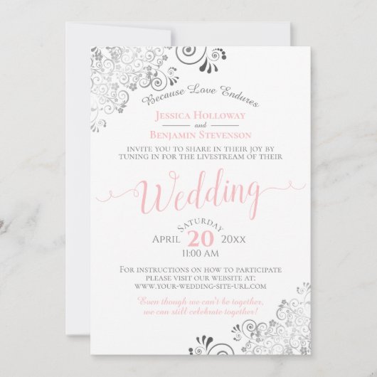 Elegant roze en grijs virtueel huwelijk Livestream Kaart (Voorkant)