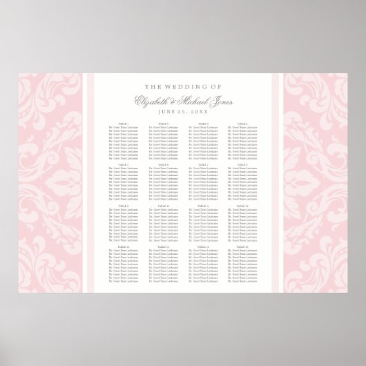 Elegant roze en grijze Damask Wedding Seating Seat Poster (Voorkant)