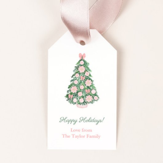 Elegant roze en groene Prettige feestdagen kerst Cadeaulabel