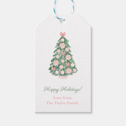 Elegant roze en groene Prettige feestdagen kerst Cadeaulabel (Voorkant)