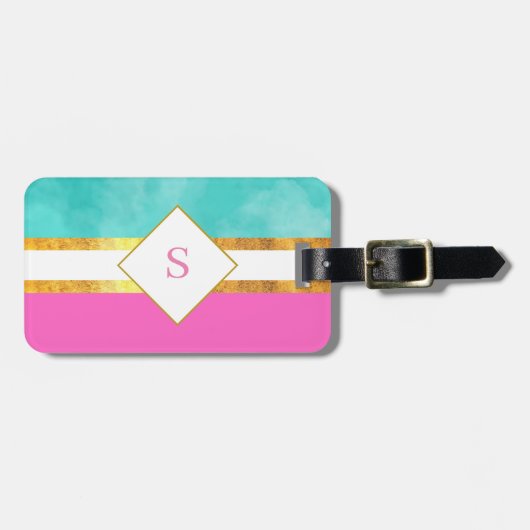 Elegant roze en groene strepen met monogram bagagelabel (Voorkant horizontaal)