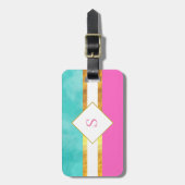 Elegant roze en groene strepen met monogram bagagelabel (Voorkant verticaal)