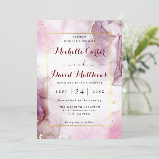 Elegant roze en magenta huwelijksuitnodiging kaart (Staand voorkant)