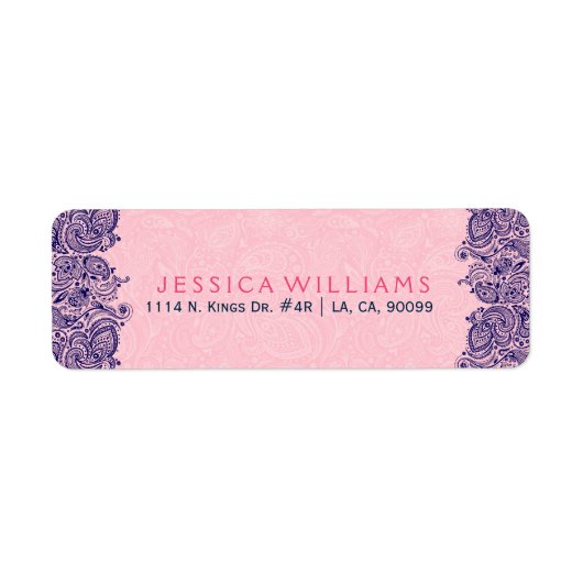 Elegant roze en marineblauw Floral Paisley Lace Etiket (Voorkant)