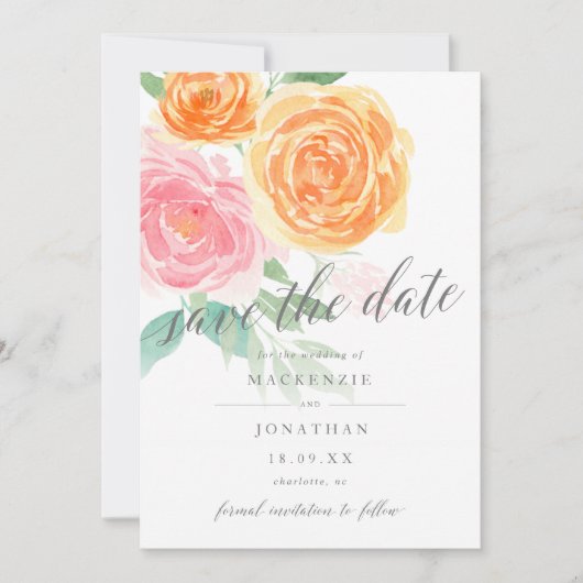 Elegant roze en Oranje Rozen Foto bruiloft Save The Date (Voorkant)