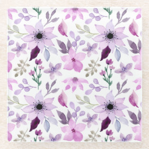 Elegant roze en paars bloempatroon glazen onderzetter