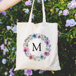 Elegant roze en Paarse bloemenkrans Monogra Tote Bag<br><div class="desc">Verhoog je tas spel met onze stijlvolle Midnight Blooms gepersonaliseerde canvas tassen. De elegante canvas tas is voorzien van uw aangepaste monogram of initiaal omgeven door een krans van waterverf rozen in tinten van paarse, mauve & blauw met weelderige groene bladeren. De bloemenkrans canvas tassen zijn perfect voor de aanstaande...</div>