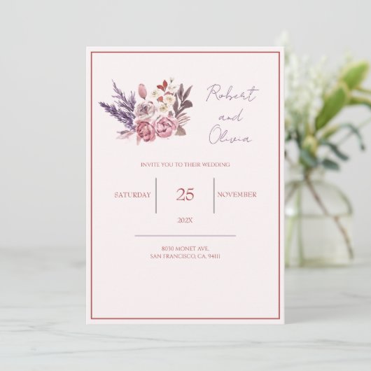 "Elegant roze en paarse bloemige bruiloft" Kaart (Staand voorkant)