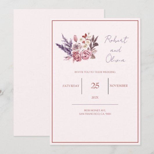 "Elegant roze en paarse bloemige bruiloft" Kaart (Voorkant / Achterkant)