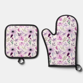 Elegant roze en paarse bloempatroon ovenwant & pannenlap set