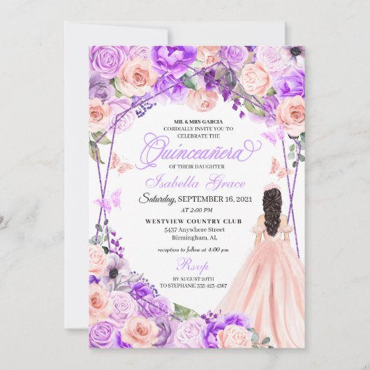 Elegant roze en Paarse Floral Quinceanera Kaart (Voorkant)