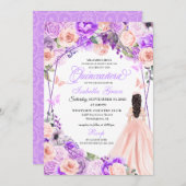 Elegant roze en Paarse Floral Quinceanera Kaart (Voorkant / Achterkant)
