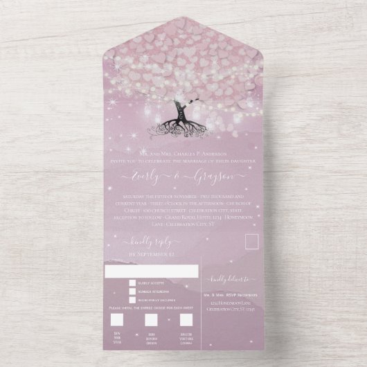 Elegant roze en Paarse heart Leaf Tree Wedding All In One Uitnodiging (Binnen)
