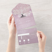 Elegant roze en Paarse heart Leaf Tree Wedding All In One Uitnodiging (Afscheurbaar)