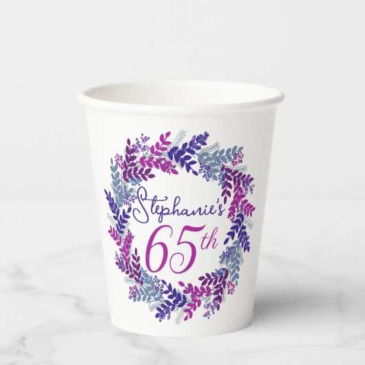 Elegant Roze en Paarse krans 65e Verjaardag Papieren Bekers (Voorkant)