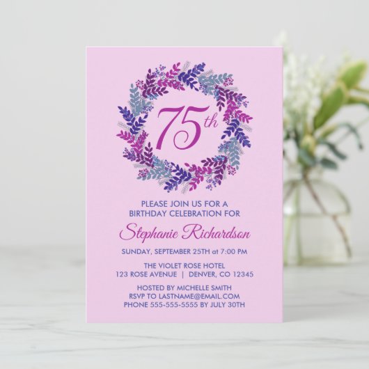 Elegant Roze en Paarse krans 75e verjaardagsfeestj Kaart (Staand voorkant)
