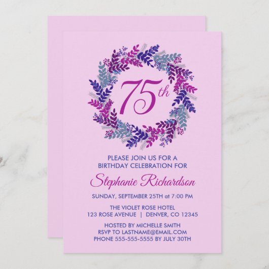 Elegant Roze en Paarse krans 75e verjaardagsfeestj Kaart (Voorkant / Achterkant)