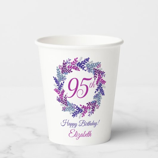 Elegant Roze en Paarse krans 95e Verjaardag Papieren Bekers (Achterkant)