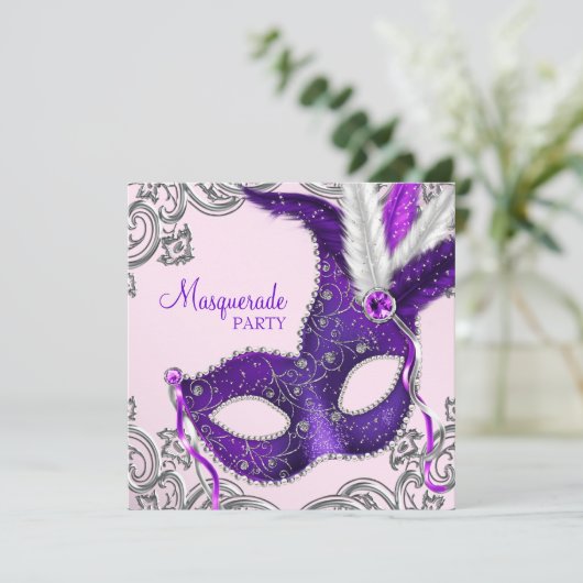 Elegant roze en Paarse Masquerade Party Kaart (Staand voorkant)
