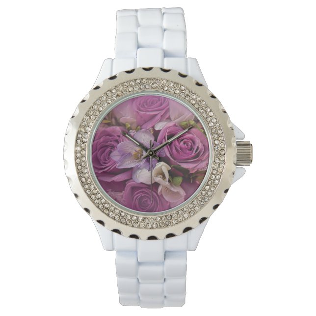Elegant roze en Paarse Rose Bouquet Watch Horloge (Voorkant)