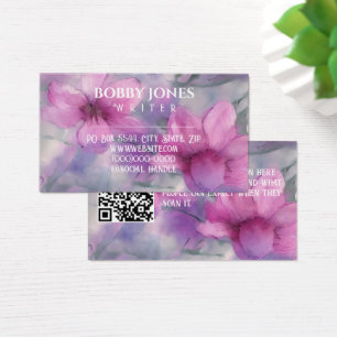 Elegant Roze en Paarse Waterverf Bloemen QR code Visitekaartje