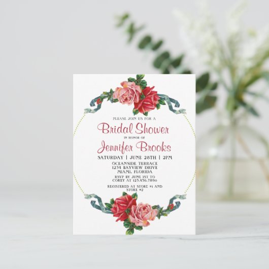 Elegant roze en rode roze Vrijgezellenfeest Uitnodiging Briefkaart (Staand voorkant)