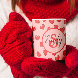 Elegant roze en rood hartritme monogrammen koffiemok