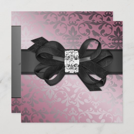 Elegant Roze en Silver Invite met Diamond Bow Kaart (Voorkant / Achterkant)