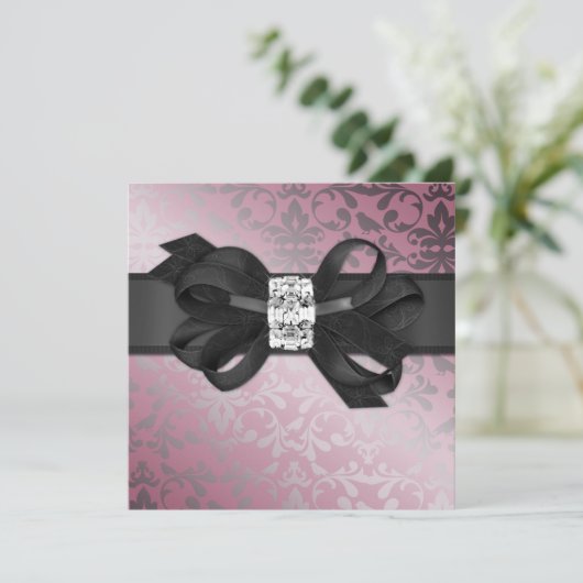 Elegant Roze en Silver Invite met Diamond Bow Kaart (Staand voorkant)