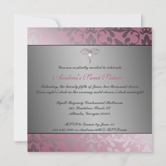 Elegant Roze en Silver Invite met Diamond Bow Kaart (Achterkant)