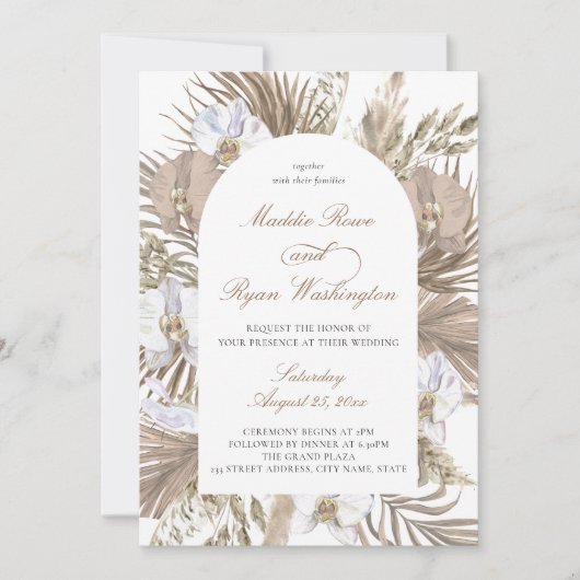 Elegant roze en Tan Boho Pampas Floral Arch Weddin Kaart (Voorkant)