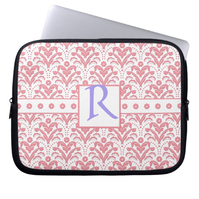 Elegant Roze en White Retro 1930s Art Deco Damask Laptop Sleeve (Voorkant)