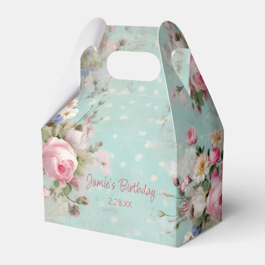 Elegant  Roze en Wit Bloemen op Mint Bedankdoosjes (Voorkant Zijde)