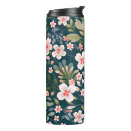 Elegant roze en wit bloemmotief thermosbeker