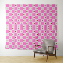 Elegant roze en wit ruitpatroon met bloemmotief wandkleed