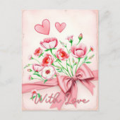 Elegant roze en witte bloemenboeket met harten briefkaart (Voorkant)